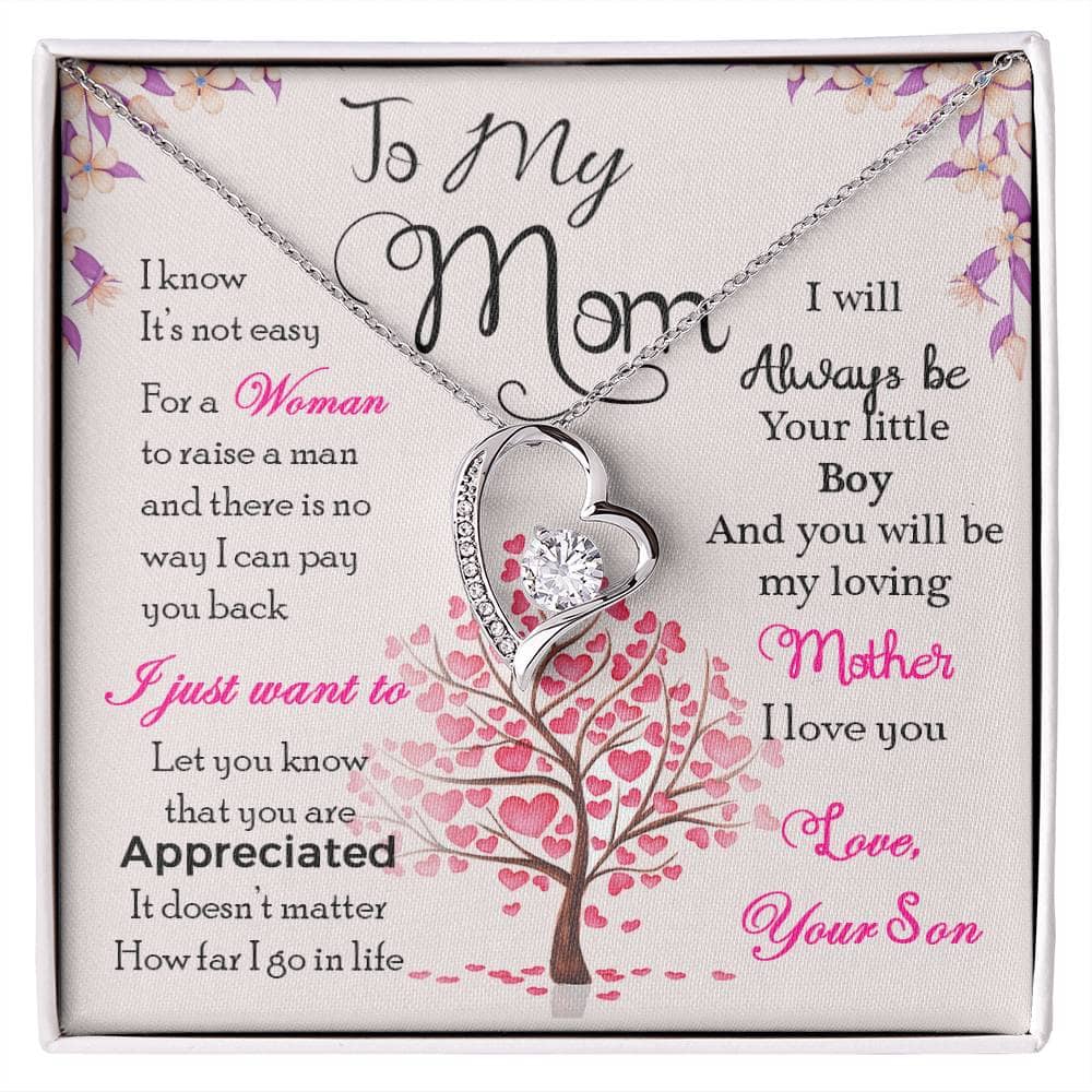 Alt text: "Enduring Love Personalized Mother Necklace in a box, featuring a heart-shaped pendant with a cushion-cut cubic zirconia stone. Adjustable chain included."