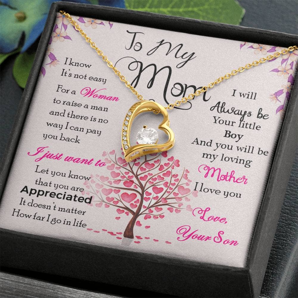 Alt text: "Enduring Love Personalized Mother Necklace in a box - a heart-shaped pendant with a cushion-cut cubic zirconia, symbolizing the bond between a mother and child."