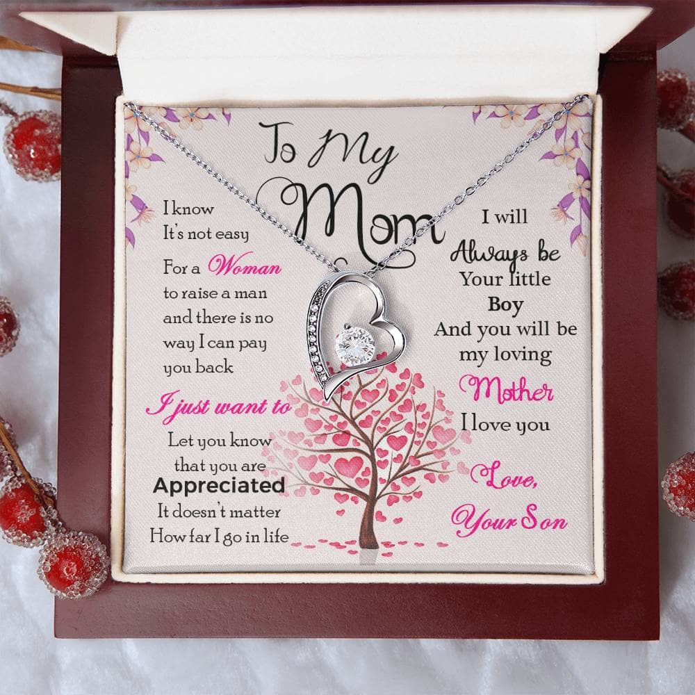 Alt text: "Enduring Love Personalized Mother Necklace From Child - A heart-shaped pendant necklace in a luxurious box, featuring a radiant cushion-cut cubic zirconia. Symbolizing the unending bond between a mother and her child."