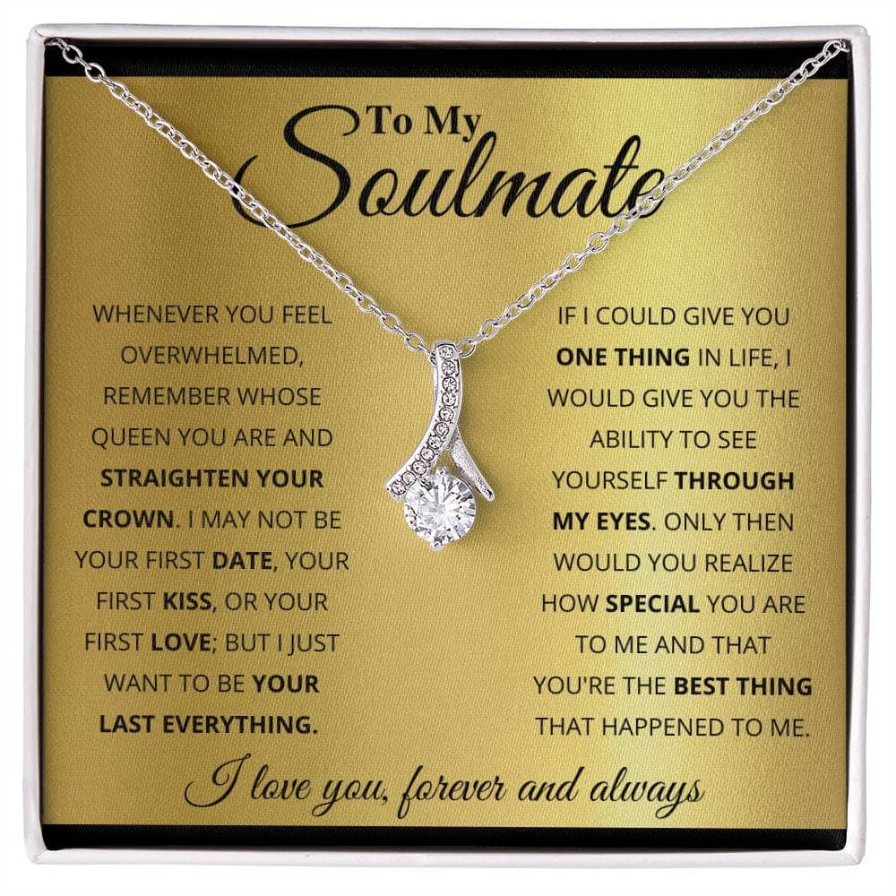 Alt text: "Personalized Soulmate Necklace in box with diamond pendant, a symbol of deep connection and eternal love, available in 14K white gold or 18K gold finish. Perfect gift for anniversaries, Valentine’s Day, birthdays, or just because. Housed in a mahogany-style box with LED lighting."