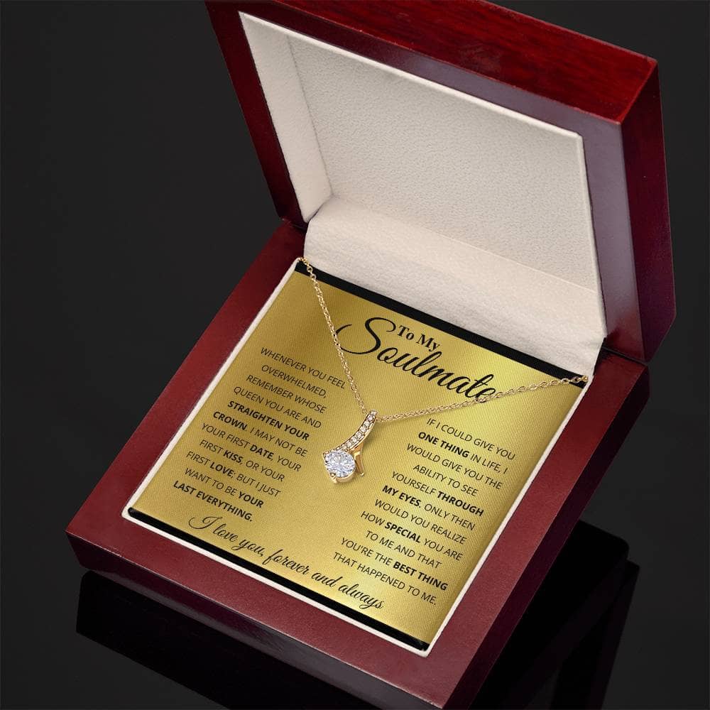 Alt text: "Personalized Soulmate Necklace in a box with interlocking hearts pendant and LED lighting"