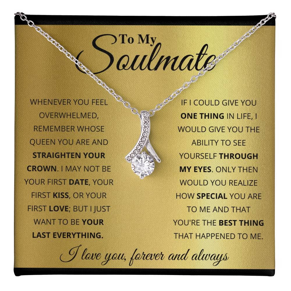 Alt text: "Personalized Soulmate Necklace with diamond pendant, symbolizing deep connection and eternal love. Available in 14K white gold or 18K gold finish. Customizable interlocking hearts or love knot design. Presented in a luxurious mahogany-style box with LED lighting."