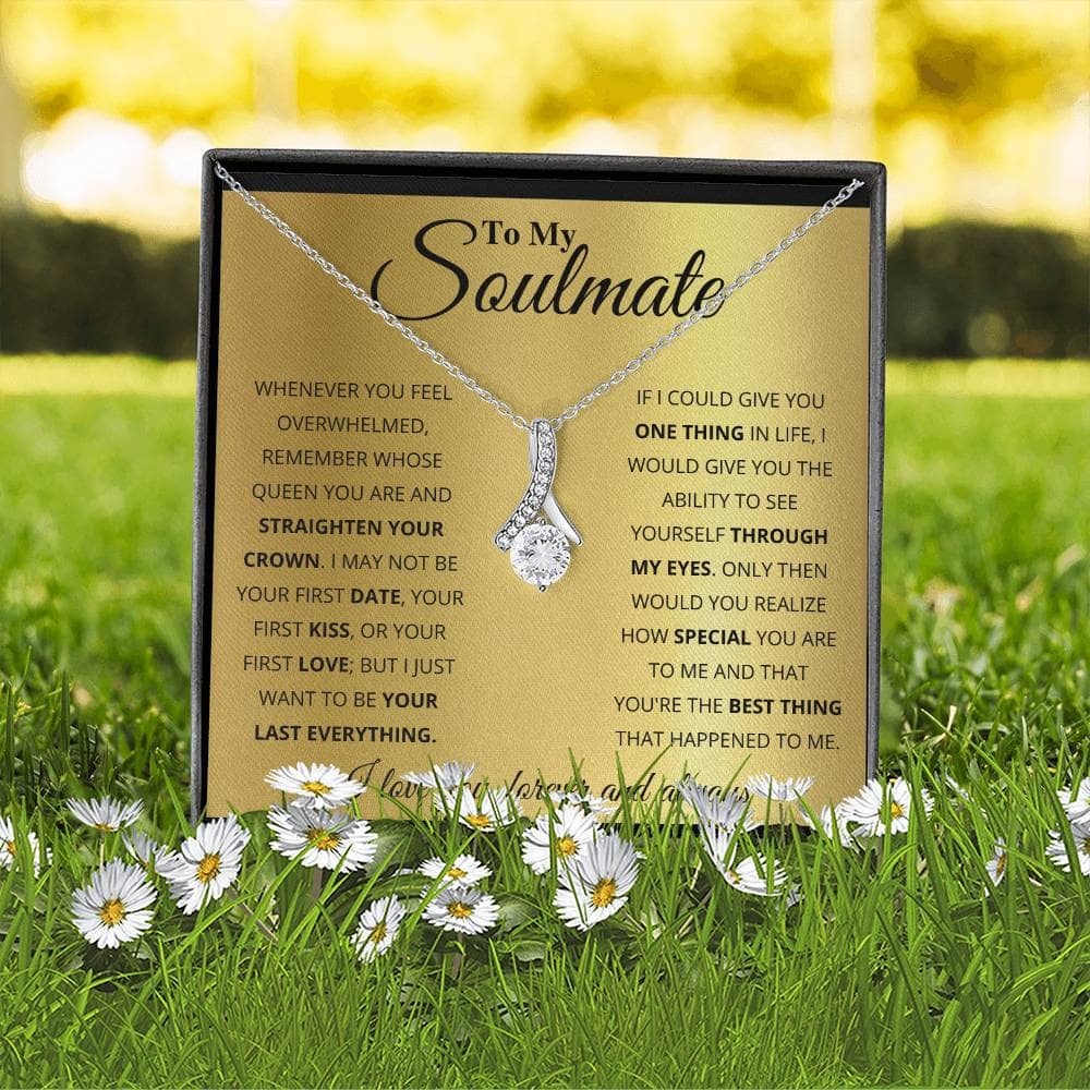Alt text: "Personalized Soulmate Necklace in a mahogany-style box with LED lighting"