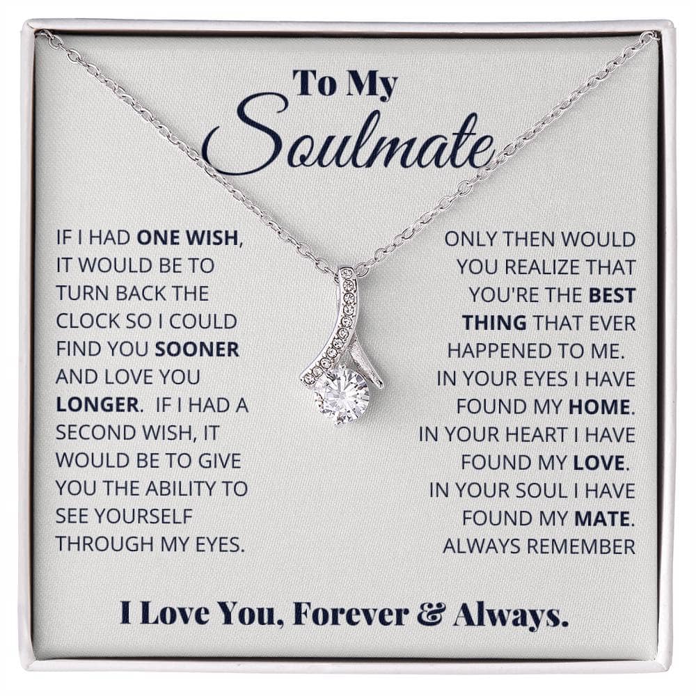 Alt text: "Personalized Soulmate Necklace in a box - a symbol of enduring love and commitment, crafted with precision and featuring a radiant cushion-cut cubic zirconia. Choose from adjustable cable or box chain for a tailored fit. Ideal for special occasions or everyday elegance."