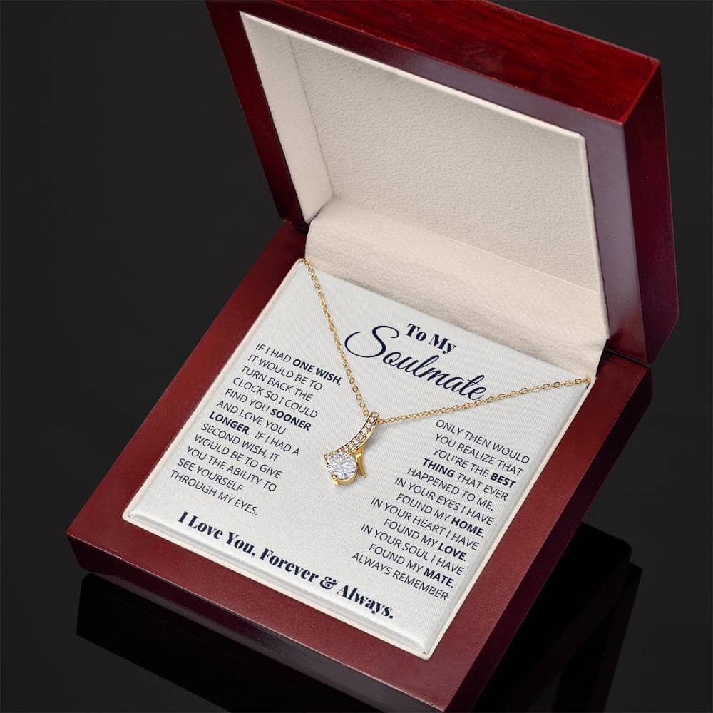 Alt text: "Alluring Beauty Necklace in a box, a symbol of enduring love and commitment, crafted with precision and featuring a radiant cubic zirconia pendant. Choose from adjustable cable or box chain for a tailored fit. Presented in a luxurious mahogany-style LED lighted gift box."