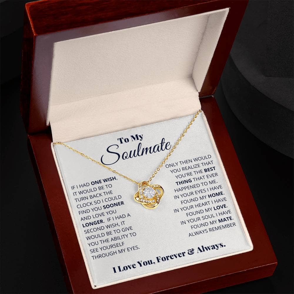 Alt text: "Always & Forever Love Knot Soulmate Necklace in a luxurious box with LED lighting"