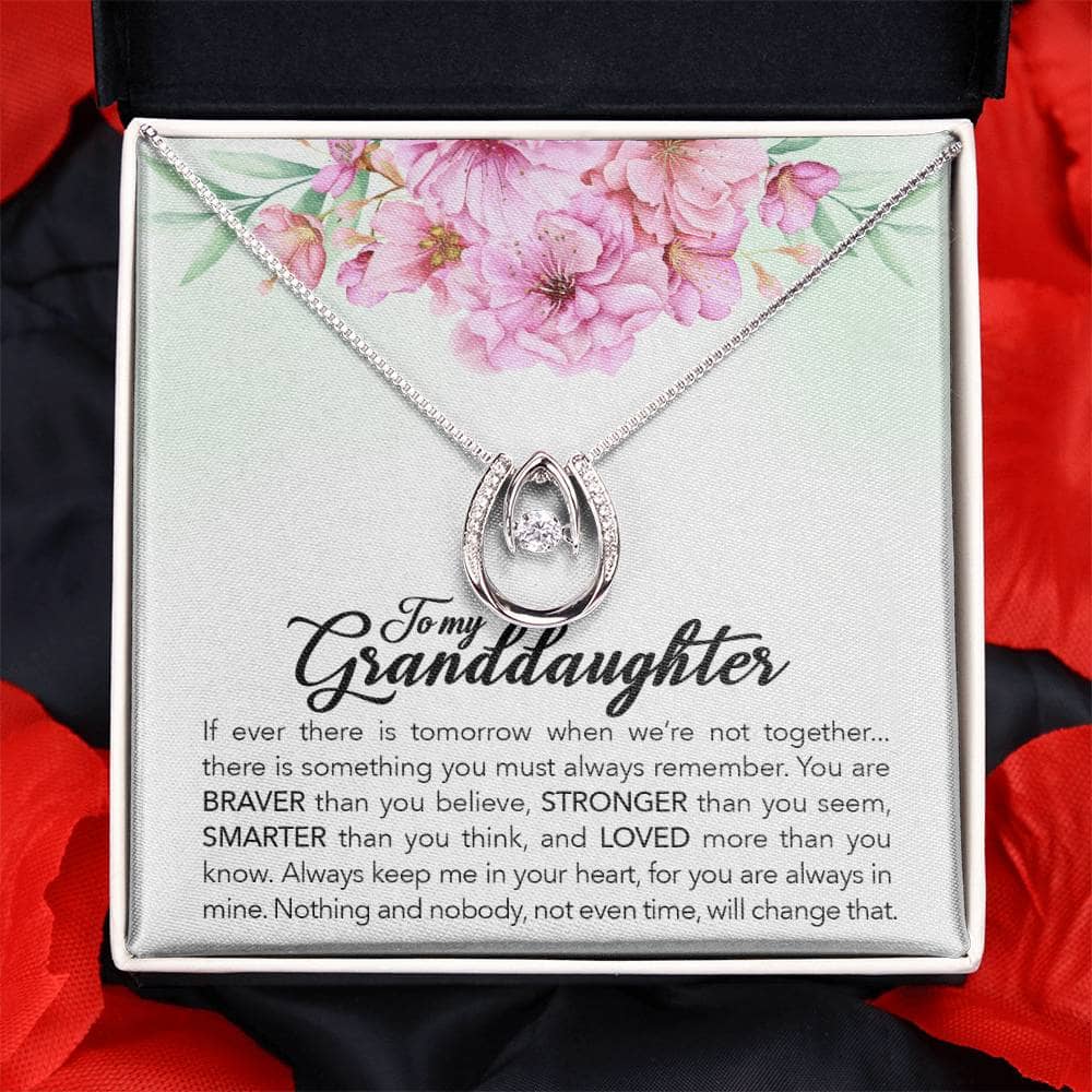 Alt text: "Always in Heart - Personalized Granddaughter Necklace in a mahogany-style box with LED lighting."