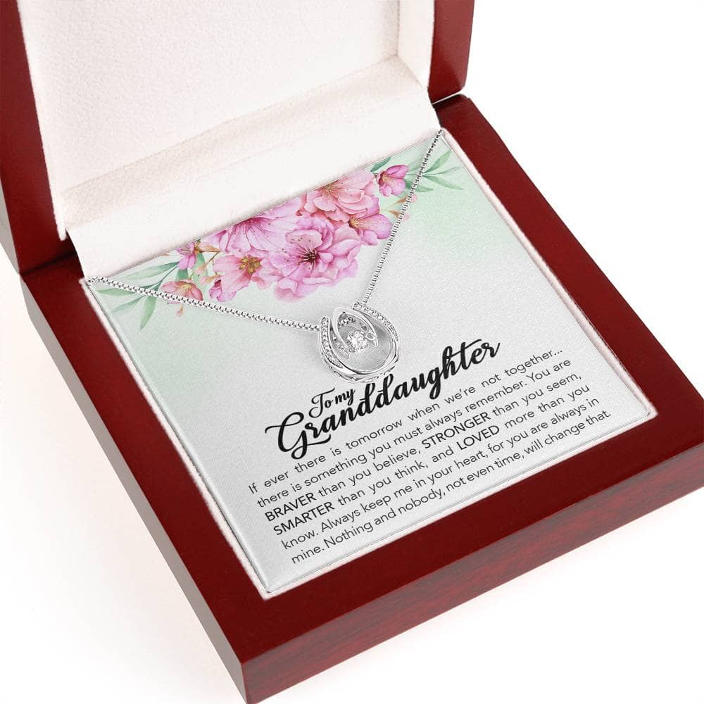 Alt text: "Always in Heart - Personalized Granddaughter Necklace in a box, featuring a heart-shaped pendant with cubic zirconia, adjustable chain, and mahogany-style packaging with LED lighting."