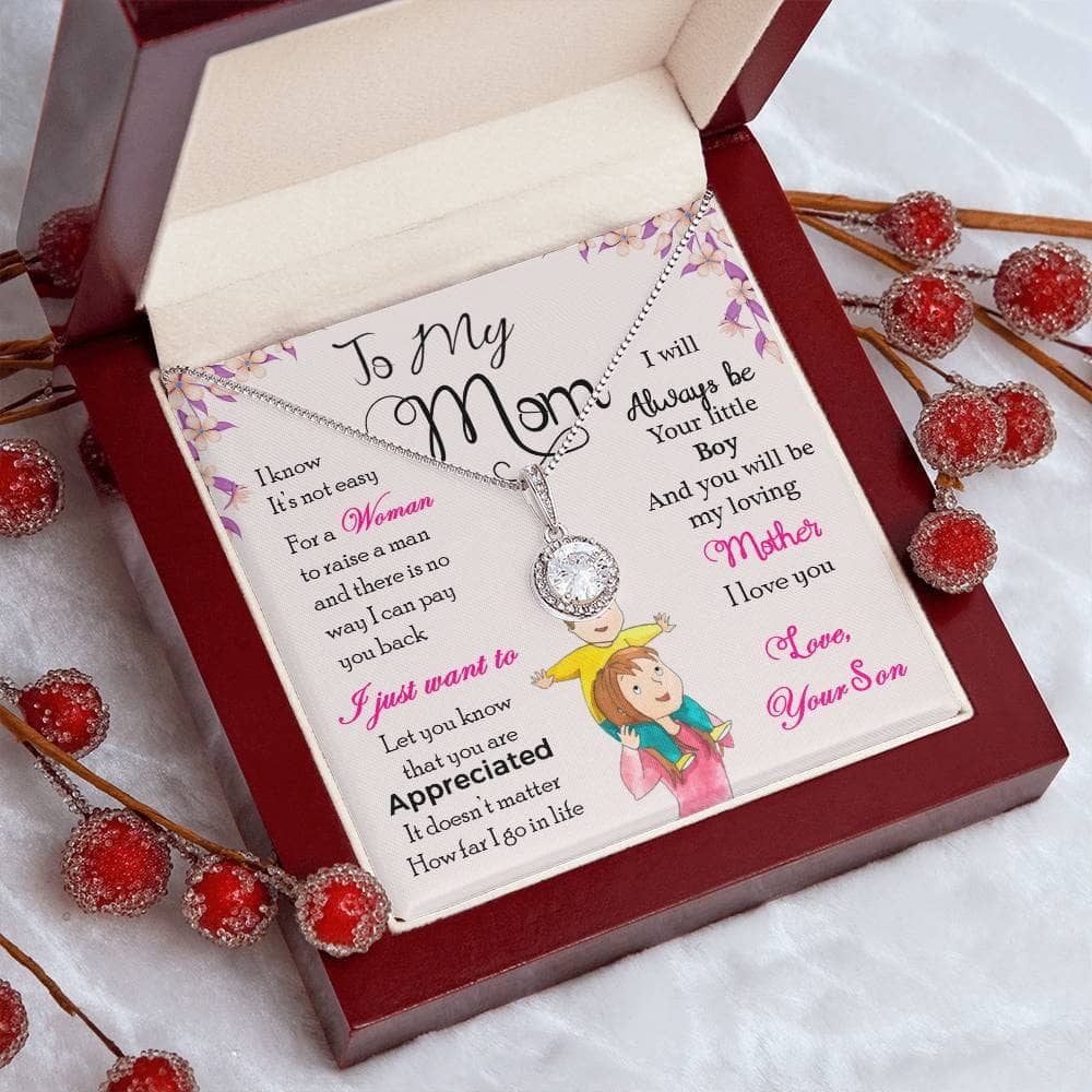 Alt text: "Always Your Little One - Eternal Hope Personalized Mother Necklace in LED-lit mahogany-styled box"
