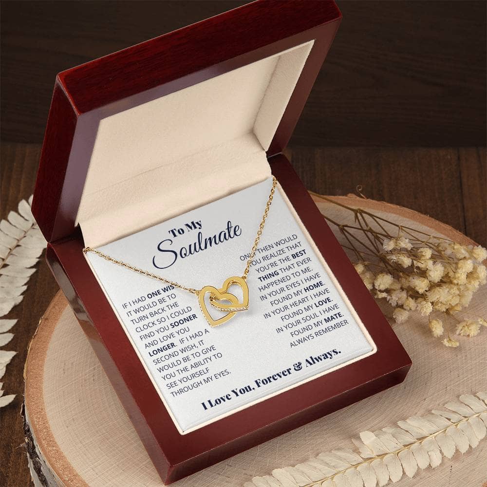 Alt text: "Beloved Soulmate Interlocking Hearts Necklace in a luxurious mahogany-style box with LED lighting, symbolizing enduring love and devotion. Perfect for special occasions or everyday wear. Presented by Bespoke Necklace."