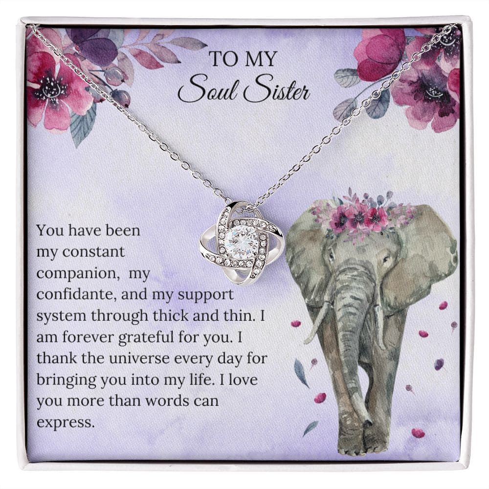 Alt text: "Bonded Hearts - Personalized Soul Sister Necklace in a box, featuring a heart-shaped pendant and cushion-cut cubic zirconia. Customizable chain length options. Presented in a luxurious mahogany-style box with LED lighting."