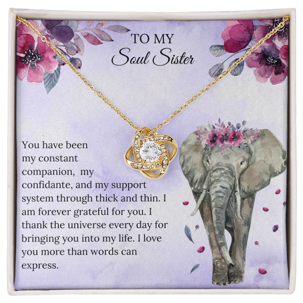Alt text: "Bonded Hearts - Personalized Soul Sister Necklace in a box with diamond pendant and flower detail"