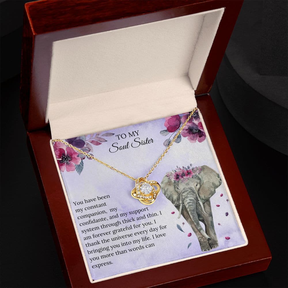 Alt text: "Bonded Hearts - Personalized Soul Sister Necklace in a luxurious box with LED lighting, showcasing a heart-shaped pendant and cushion-cut cubic zirconia."