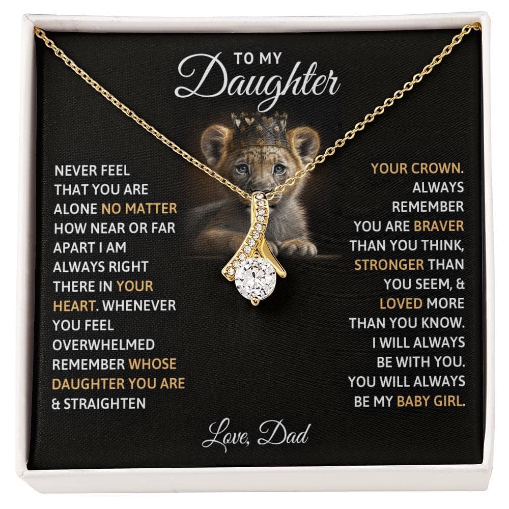Alt text: "Cherished Bond Personalized Daughter Necklace in a box, featuring a heart-shaped pendant and adjustable chain."