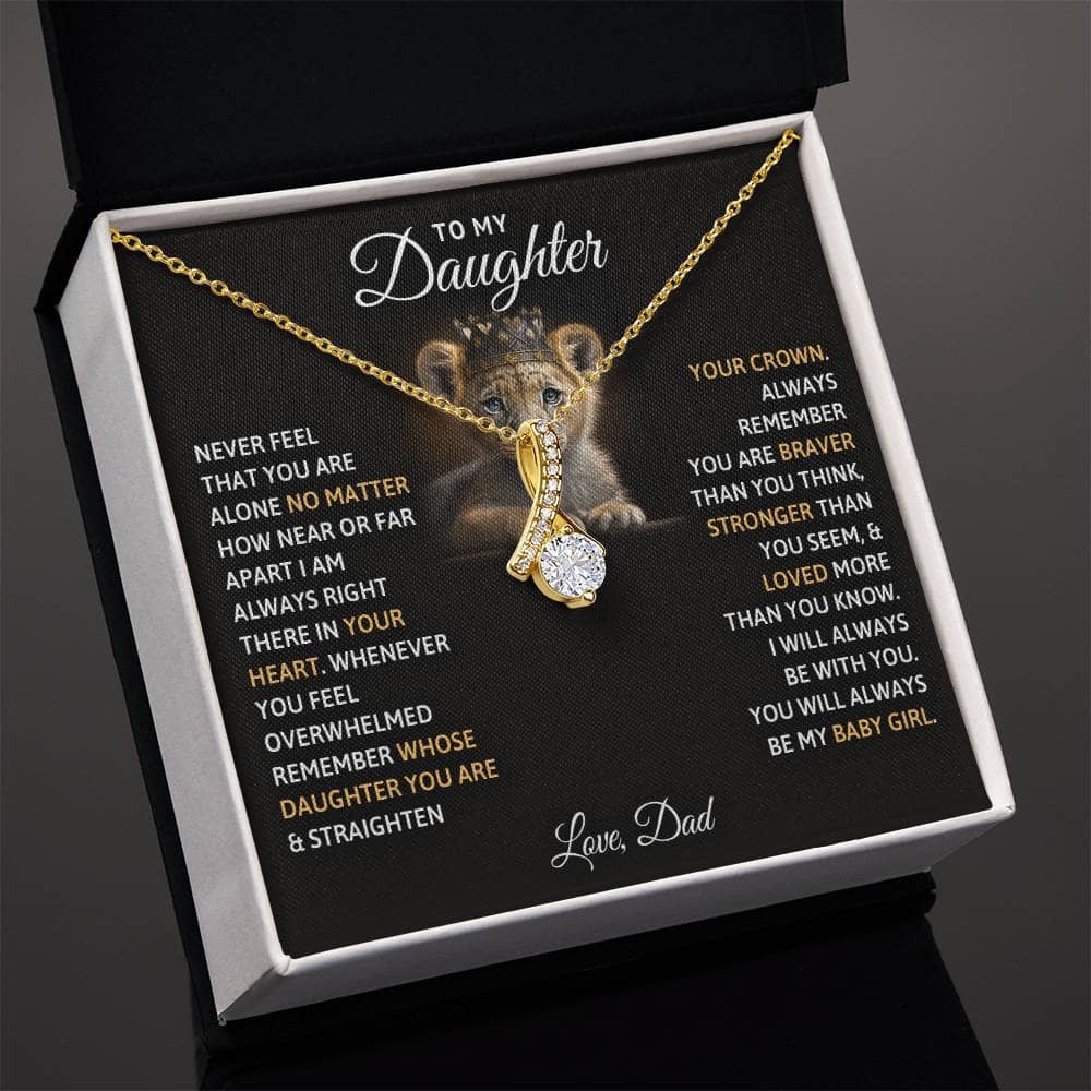 Alt text: "Cherished Bond Personalized Daughter Necklace in a box with a lion pendant and diamonds"