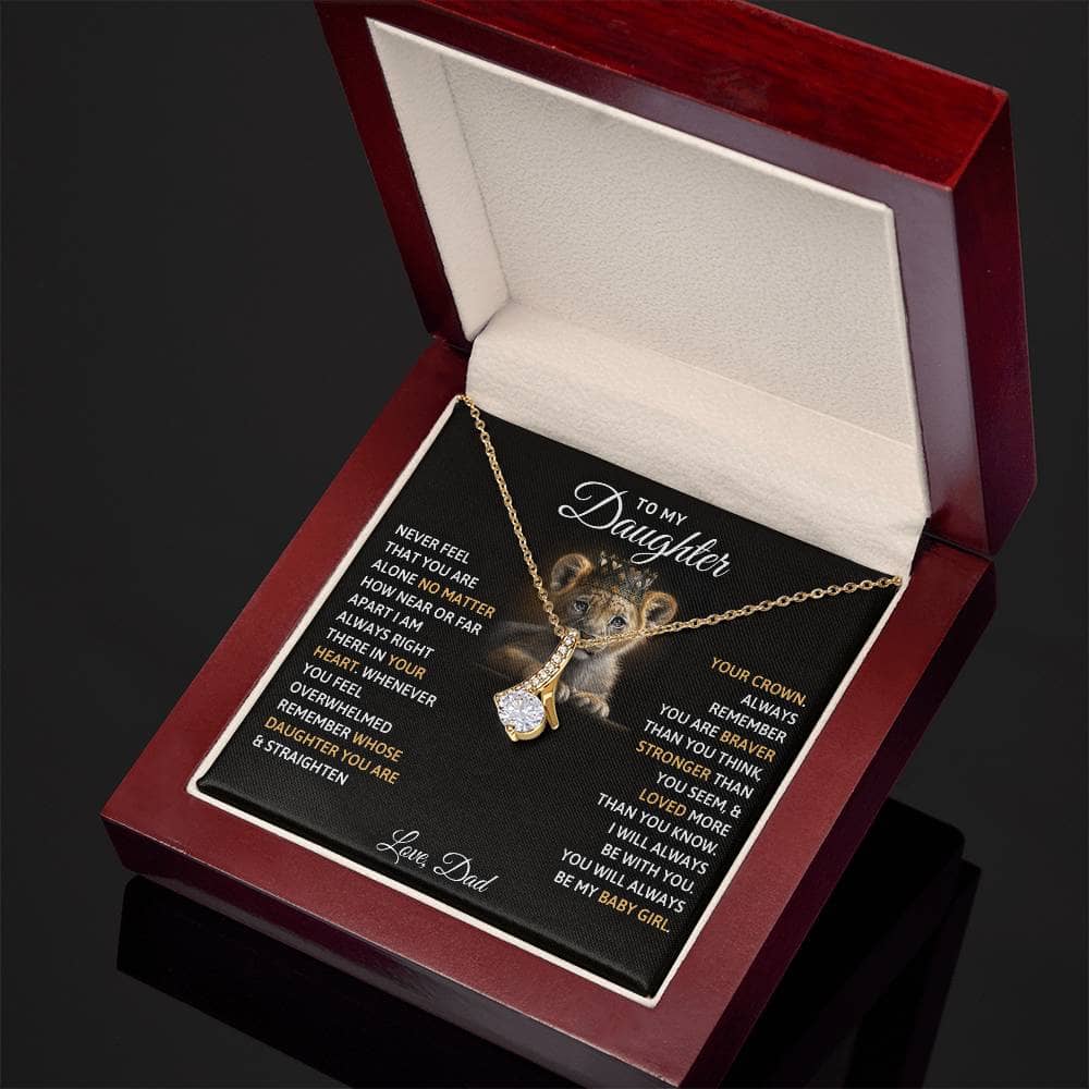 Alt text: "Cherished Bond Personalized Daughter Necklace in a box with a gold pendant and diamond centerpiece"