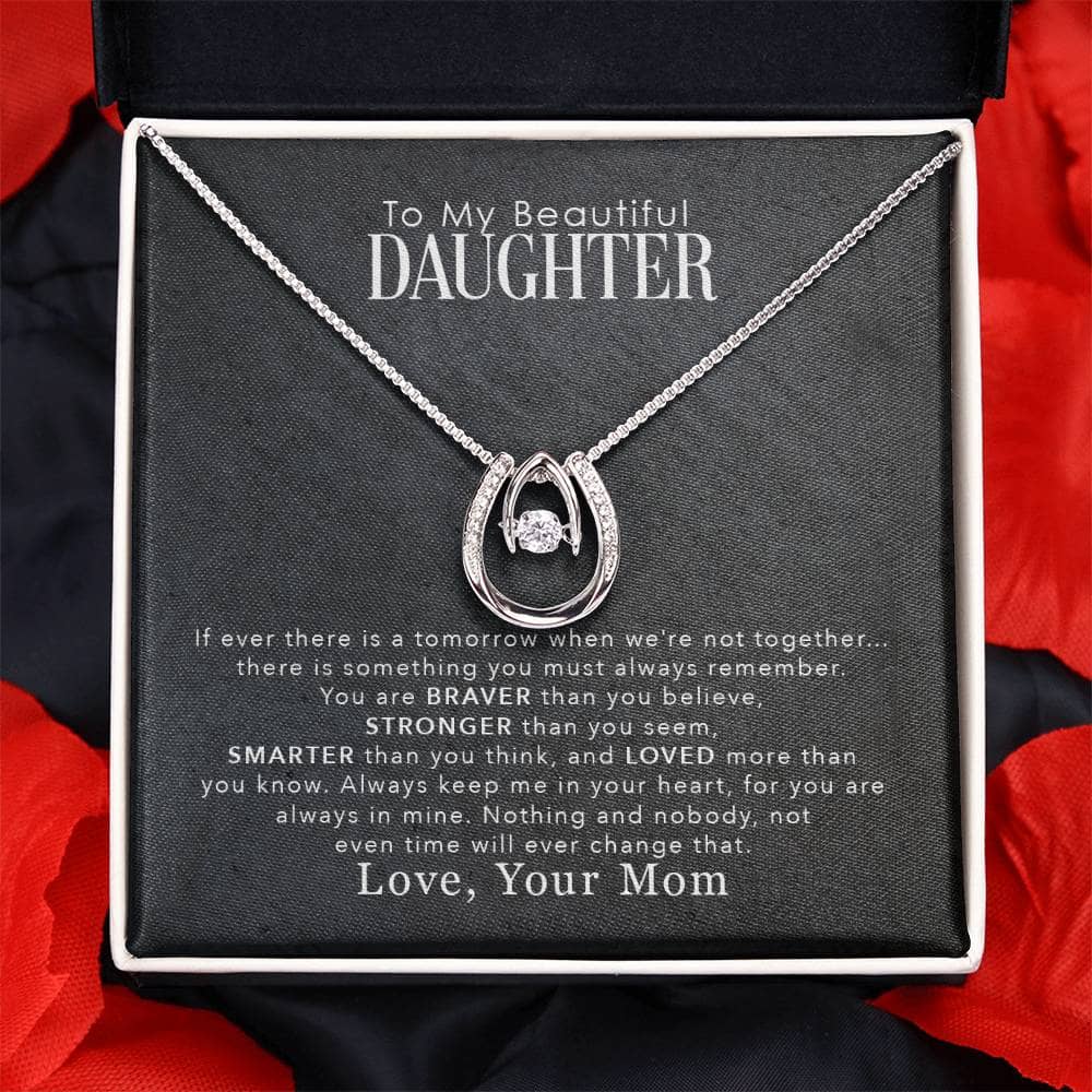 Alt text: "Cherished Personalized Daughter Necklace in a box, featuring a heart-shaped pendant and cushion-cut cubic zirconia. Adjustable chains available. Luxurious packaging with LED lighting. Symbolizes the bond between parent and child. Refined craftsmanship and exquisite quality."