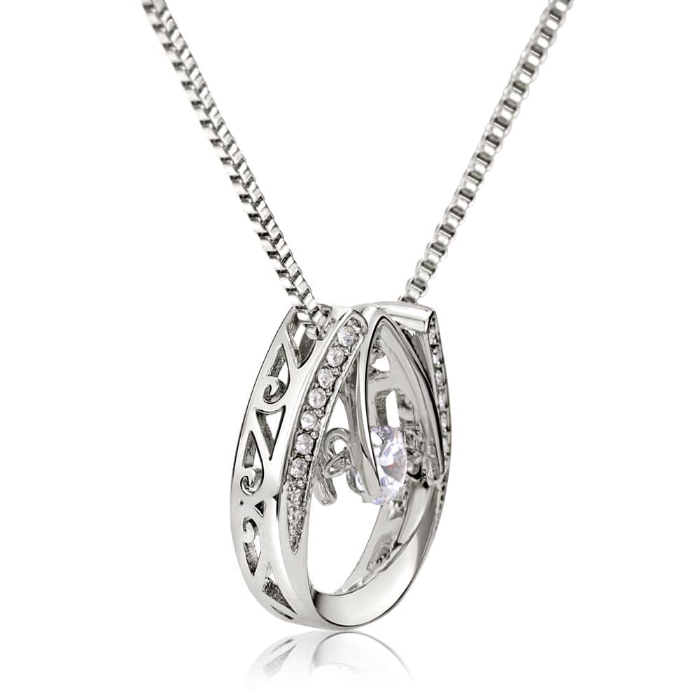Alt text: "Cherished Personalized Daughter Necklace - Silver necklace with diamond pendant, symbolizing the bond between parent and daughter. Adorned with cushion-cut cubic zirconia. Adjustable chains in classic cable or modern box chain styles. Comes in a luxurious mahogany-style box with LED lighting."