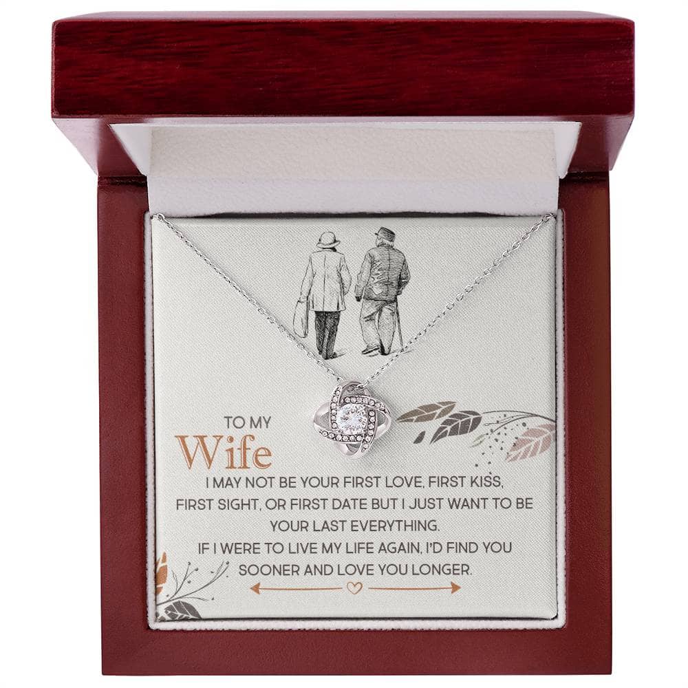 Alt text: "Cherished Personalized Wife Necklace Knot in box - a silver necklace with a diamond in the middle, symbolizing love and connection. Presented in an elegant mahogany-style box with LED light."