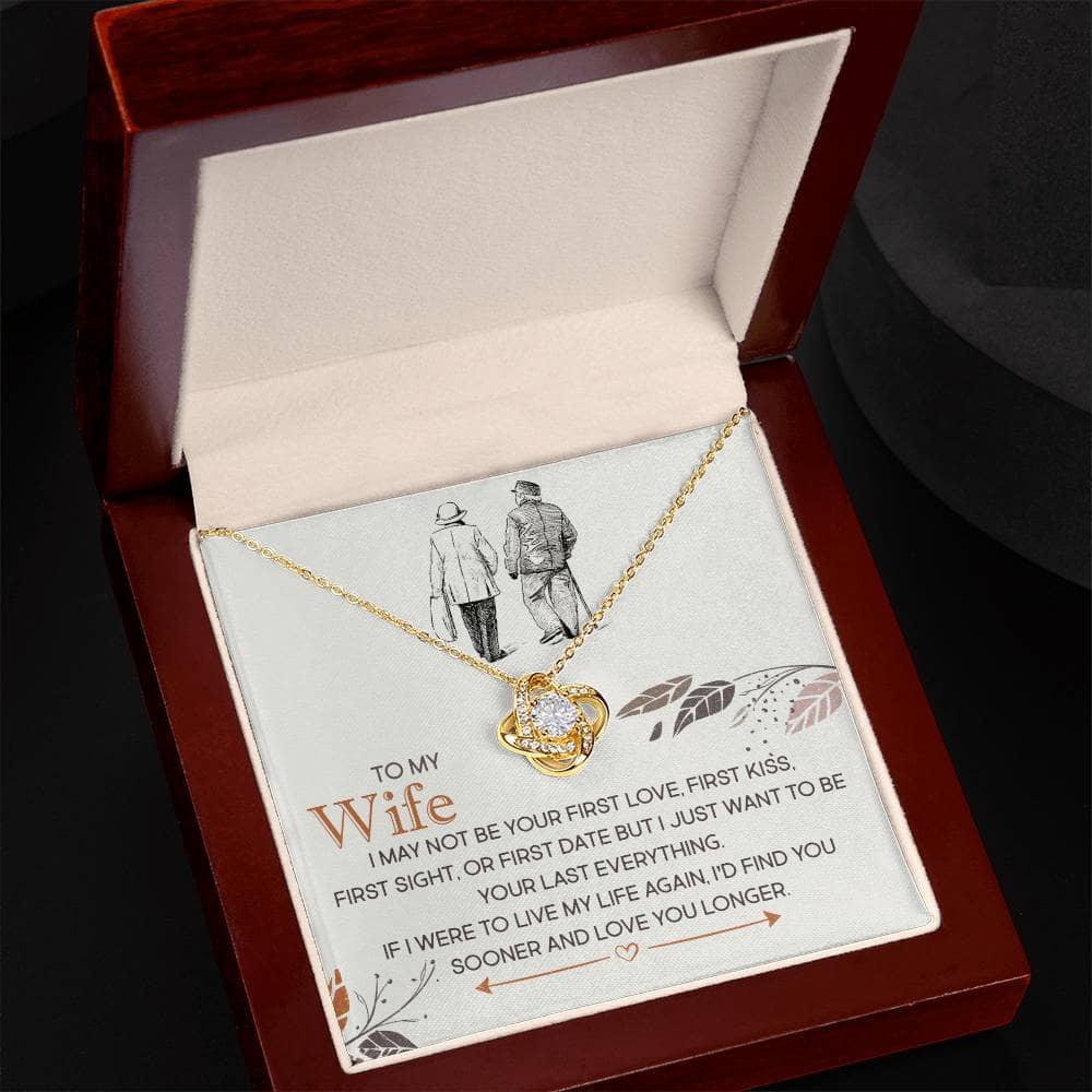 Alt text: "Cherished Personalized Wife Necklace Knot in a box - a gold necklace with a heart-shaped pendant, symbolizing love and connection. Presented in an elegant mahogany-style box with an LED light for a grand gift presentation."