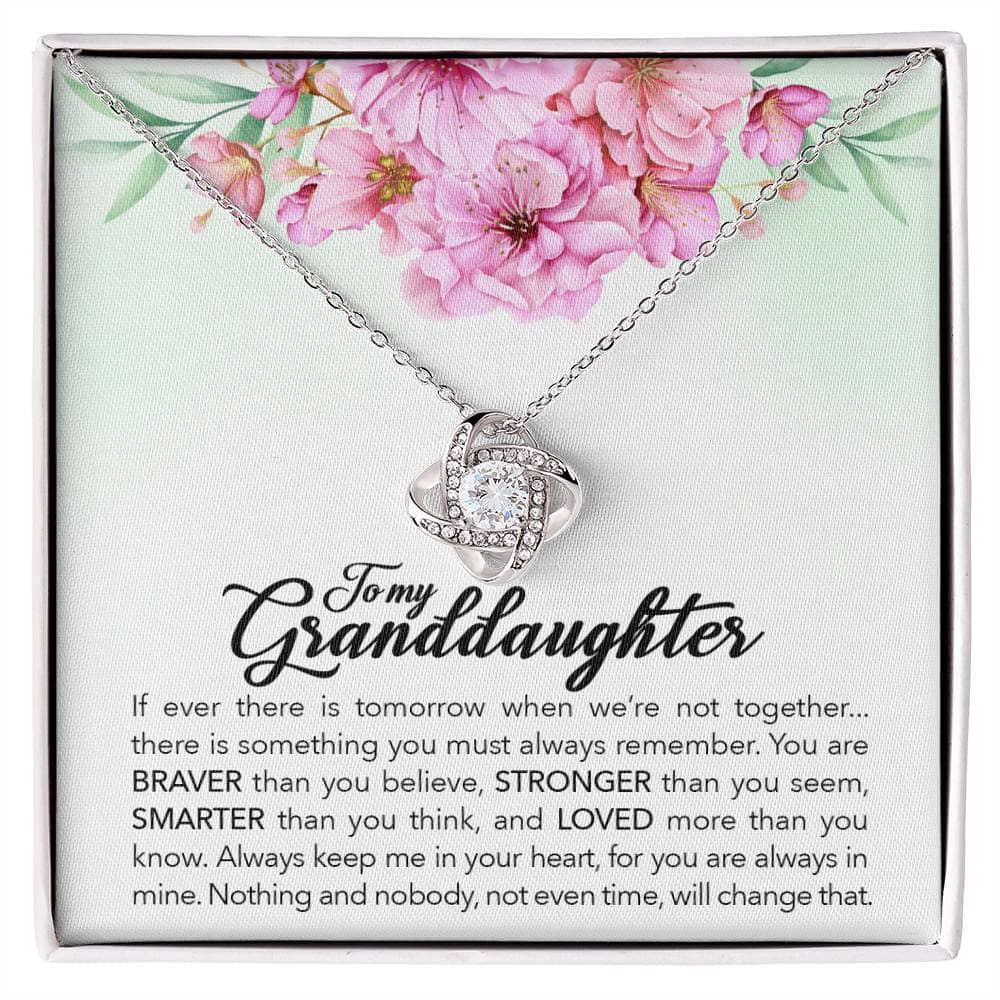 Alt text: "Custom-made Love Knot Necklace for Granddaughter in a box, adorned with a halo of premium cubic zirconia, perfect for all occasions."