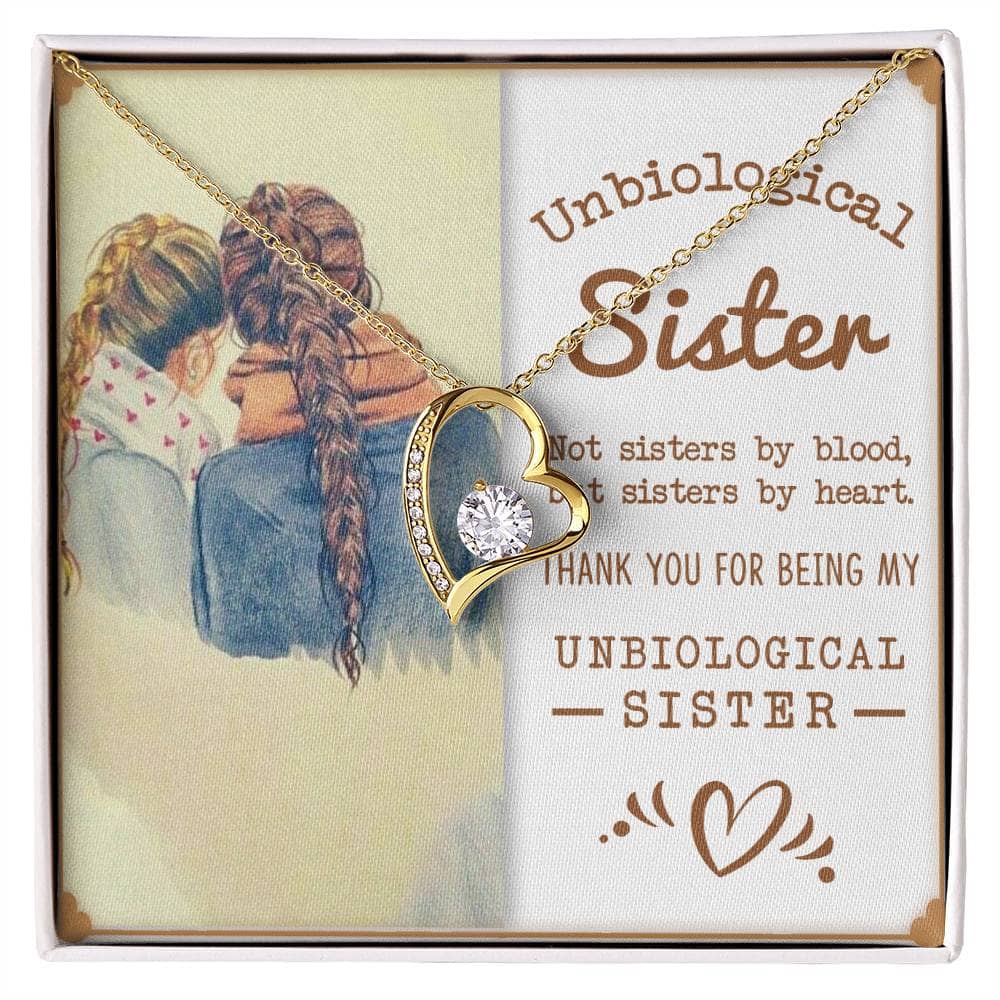 Custom-made Sisters By Heart Cubic Zirconia Necklace in a box - a gold heart-shaped pendant with a diamond, symbolizing unbreakable bonds of sisterhood and friendship.