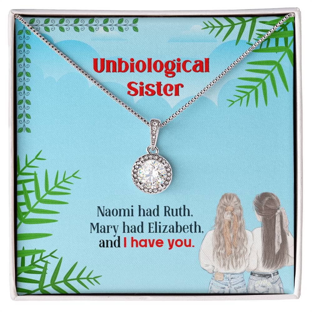 Alt text: "Custom Unbiological Sisters Eternal Hope Necklace, a necklace in a box, featuring a diamond pendant and exquisite craftsmanship. Symbolizes the unbreakable bond between sisters by heart. Crafted with 14k white gold or 18k gold finish, adorned with cushion-cut cubic zirconia. Perfect fit with customizable chain options. Comes in a sophisticated mahogany-style box with LED lighting. A vibrant symbol of sisterhood for daily wear or special events."