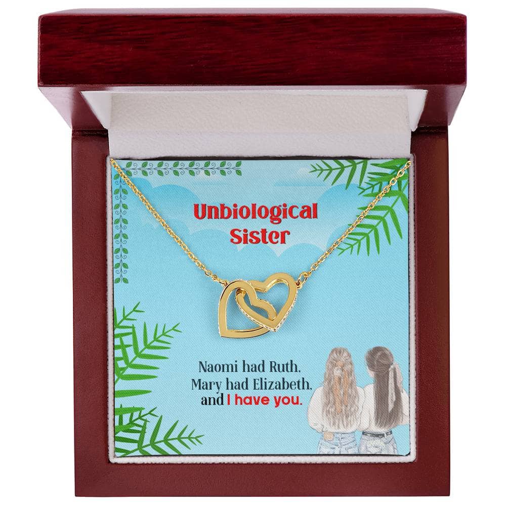 A gold heart necklace in a box, symbolizing the bond between unbiological sisters. Crafted with intricate detail and adorned with cubic zirconia crystals. Adjustable chains offer a comfortable fit. Packaged in a luxurious mahogany-style box with LED lighting. Perfect gift for birthdays, Christmas, or special milestones.