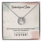 Alt text: "Custom Unbiological Sisters Necklace in elegant box, adorned with cushion-cut cubic zirconia, adjustable chain designs."