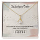 Alt text: "Customizable Unbiological Sisters Love Knot Necklace - Gold necklace with diamond pendant in a box"