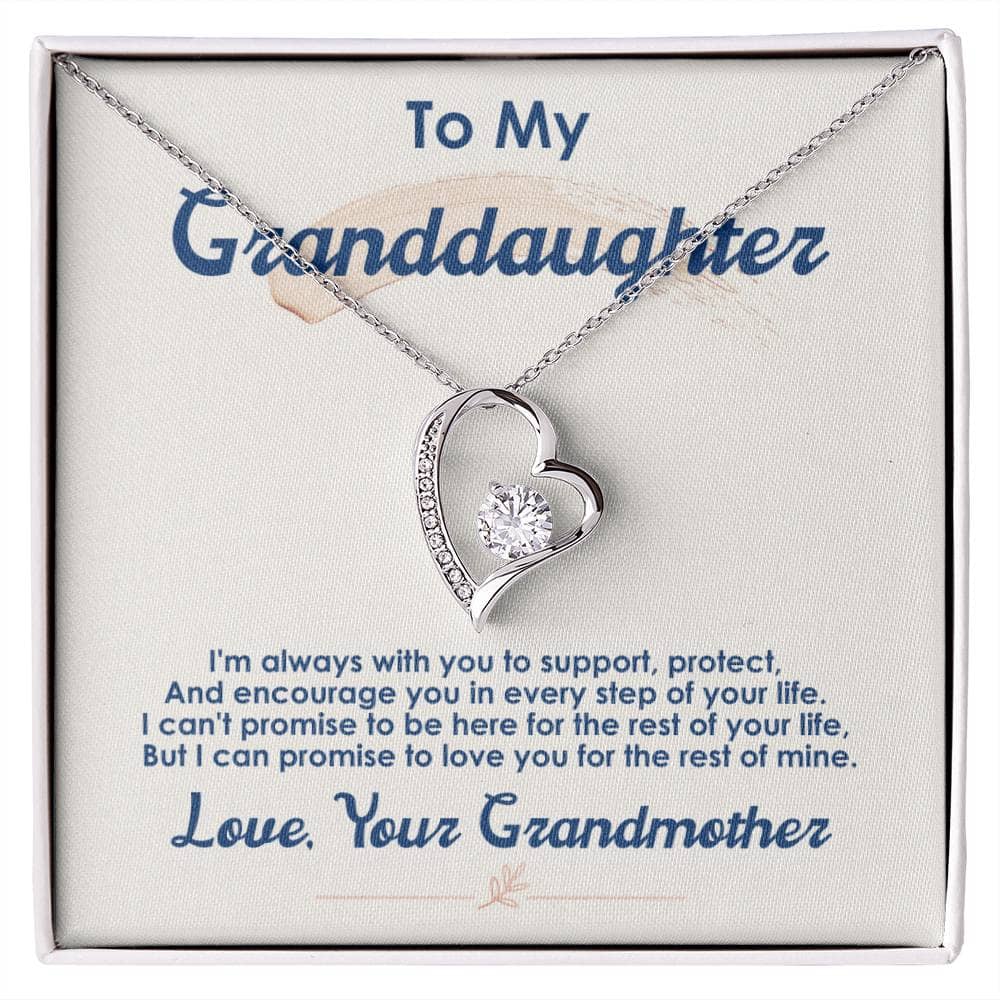 Alt text: "Customized Granddaughter Forever Love Necklace in a box, featuring a diamond heart pendant on an adjustable chain."