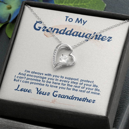 Alt text: "Customized Granddaughter Forever Love Necklace in a box - heart-shaped pendant with cushion-cut cubic zirconia, adjustable chain, LED-lit mahogany-style packaging"
