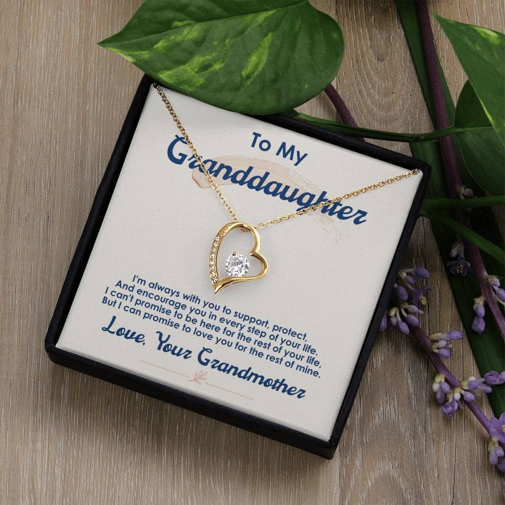 Alt text: "Customized Granddaughter Forever Love Necklace in a mahogany-style box with a note and leaves"