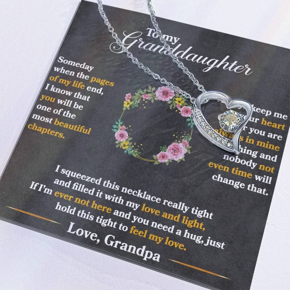 A close-up of the Customized Granddaughter Forever Love Necklace, featuring a heart-shaped pendant with a 6.5mm CZ crystal at the core.