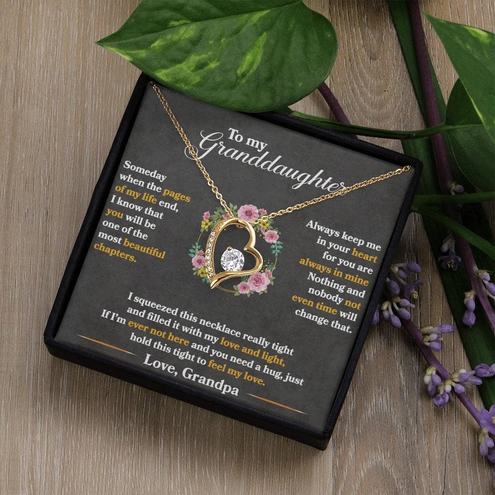 A necklace in a box with a heart pendant and CZ crystal, representing the Customized Granddaughter Forever Love Necklace.