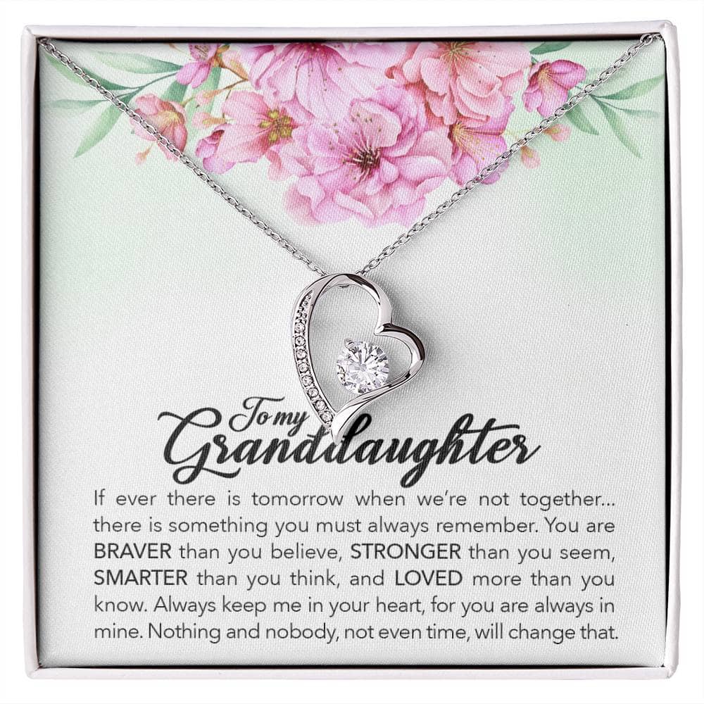 Alt text: "Customized Granddaughter Necklace - A diamond heart pendant in a box, symbolizing the unbreakable bond between grandparents and granddaughters."