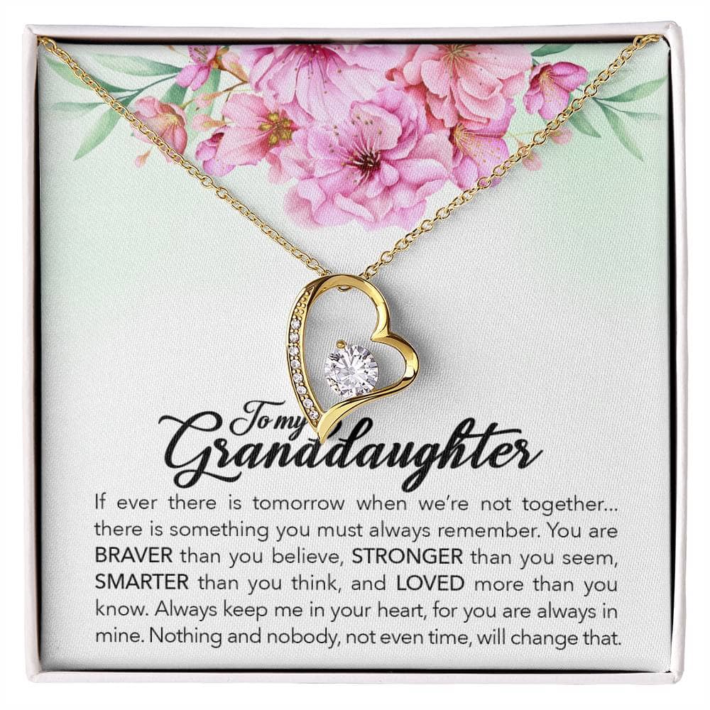 Alt text: "Customized Granddaughter Necklace - A gold heart pendant with a diamond, symbolizing the unbreakable bond between grandparents and granddaughters, presented in a luxurious box with LED lighting."