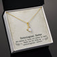 Alt text: "Customized Unbiological Sisters Necklace - Gold pendant in a box, symbolizing enduring sisterly bond, with cubic zirconia centerpiece. Perfect for casual or formal wear. Adaptable fit and elegant finish. Presented in lavish mahogany-style box. Celebrate your unique bond with this timeless accessory."