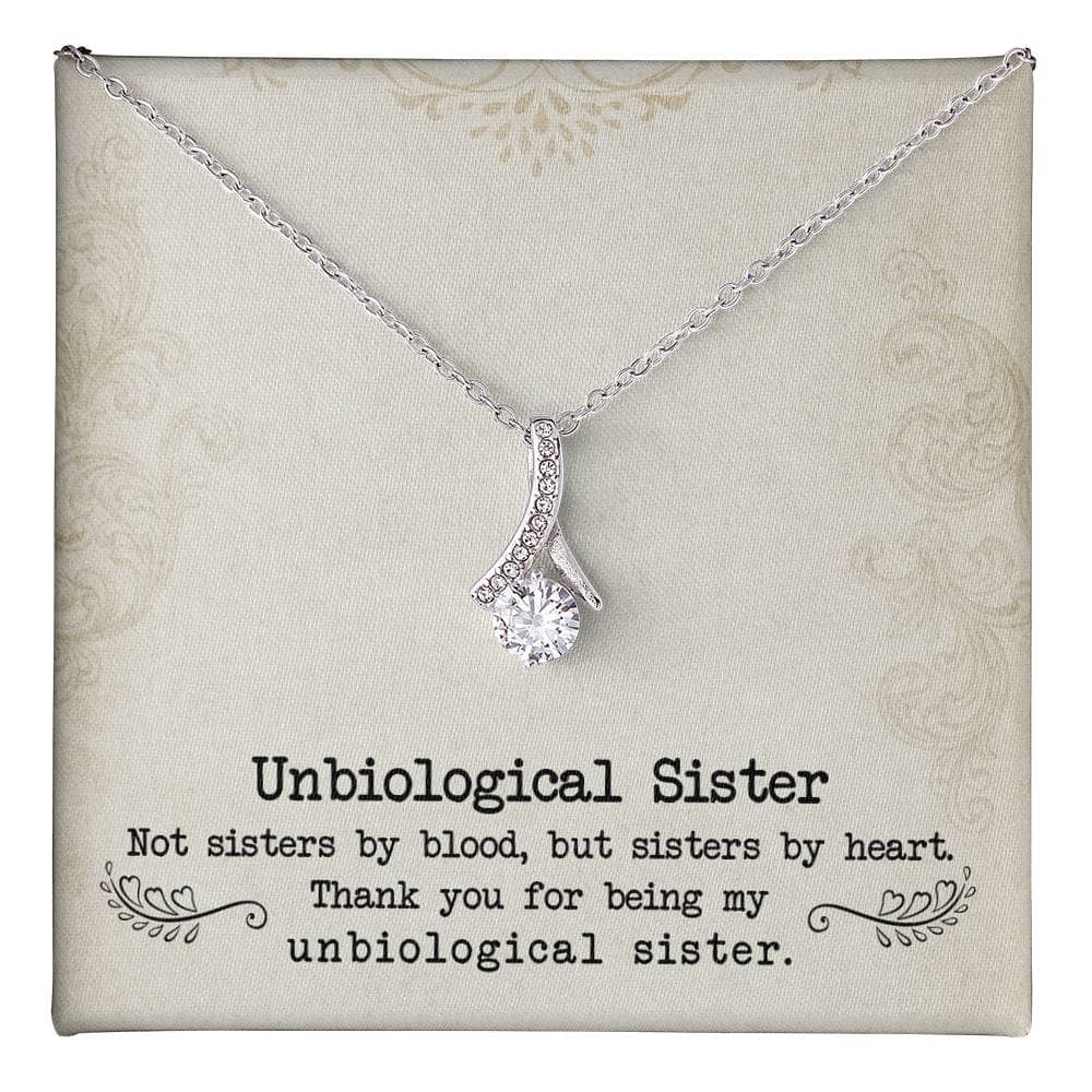 Alt text: "Customized Unbiological Sisters Necklace with diamond pendant, symbolizing enduring sisterly bond, 14k white gold or 18k gold finish, adjustable chain, elegant packaging, perfect for any occasion."