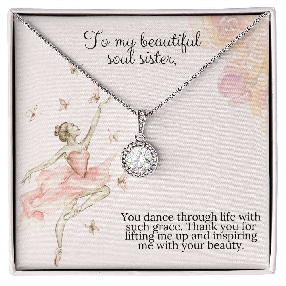 Alt text: "Customized Soul sister Necklace Set in Gold - a necklace in a box with cushion-cut cubic zirconia pendant, adjustable chain, and LED-lit mahogany-style box."