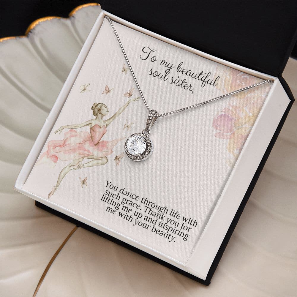 Alt text: "Customized Soul sister Necklace Set in Gold - a necklace in a box with a close-up of a diamond"