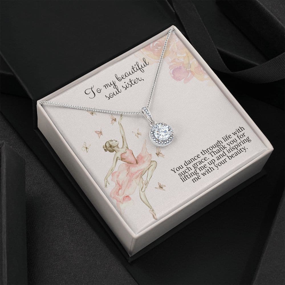 Alt text: "Customized Soul sister Necklace Set in Gold - A necklace in a box with a diamond pendant, adorned with cushion-cut cubic zirconia. Symbolizing enduring affection and commitment. Comes with a sophisticated mahogany-style box with LED lighting. Adjustable chain for perfect fit and comfort."