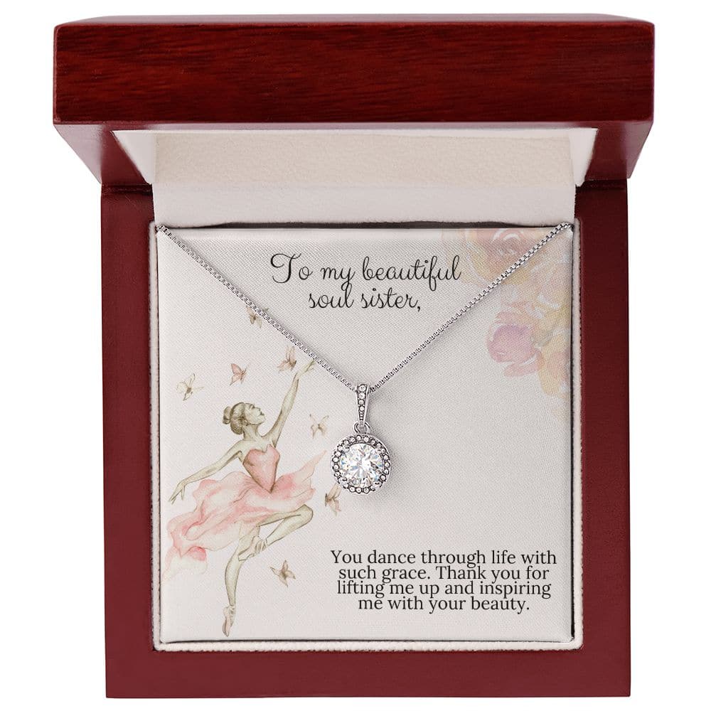 Alt text: "Customized Soul Sister Necklace Set in Gold - Necklace in box with diamond pendant, symbolizing enduring affection and commitment. Luxuriously adorned with cushion-cut cubic zirconia. Comes with sophisticated mahogany-style box with LED lighting. Adjustable chain for perfect fit and comfort."
