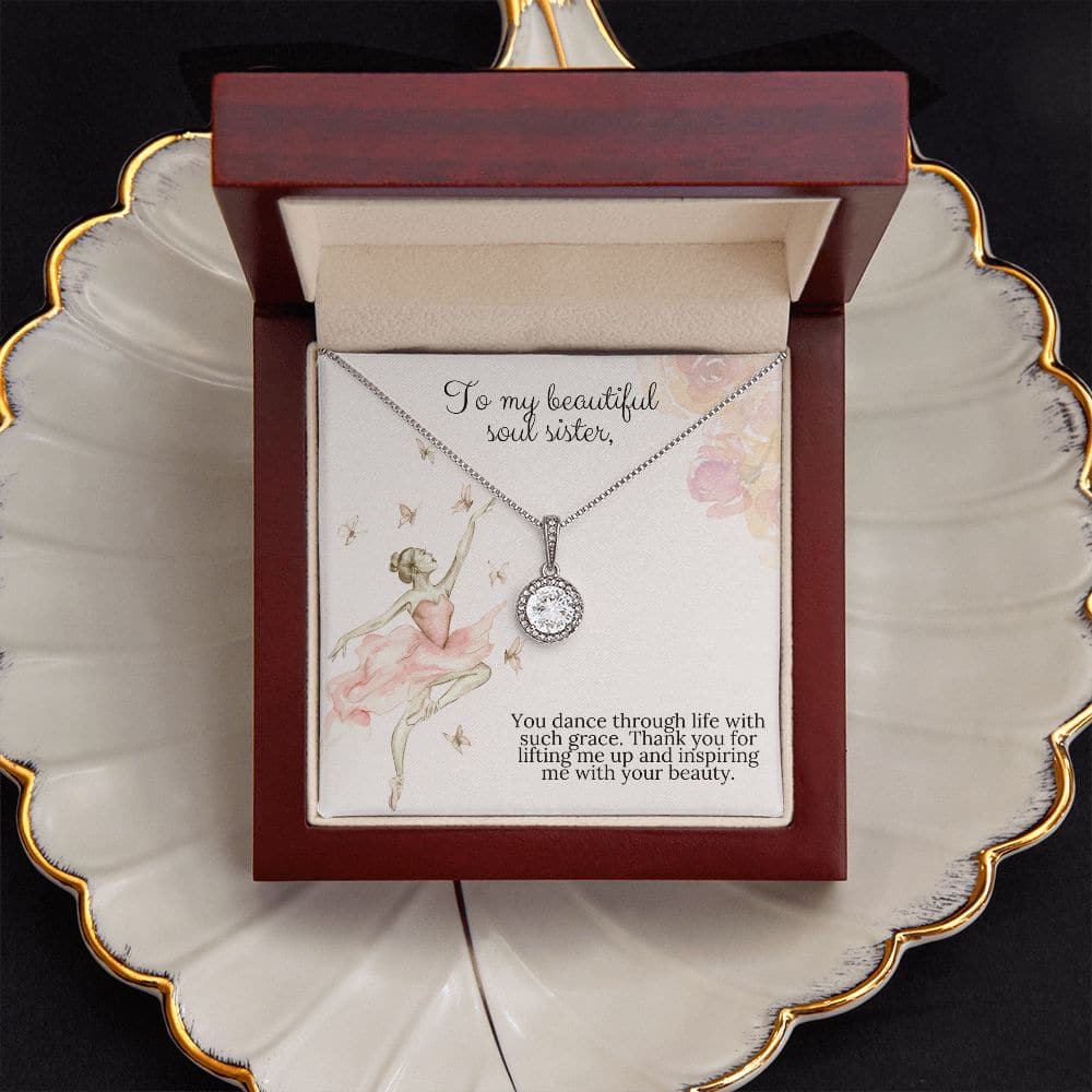 Alt text: "Customized Soul sister Necklace Set in Gold - a necklace in a box with cushion-cut cubic zirconia pendant, symbolizing unbreakable bonds. Comes with a sophisticated mahogany-style box with LED lighting. Adjustable chain for perfect fit and comfort."