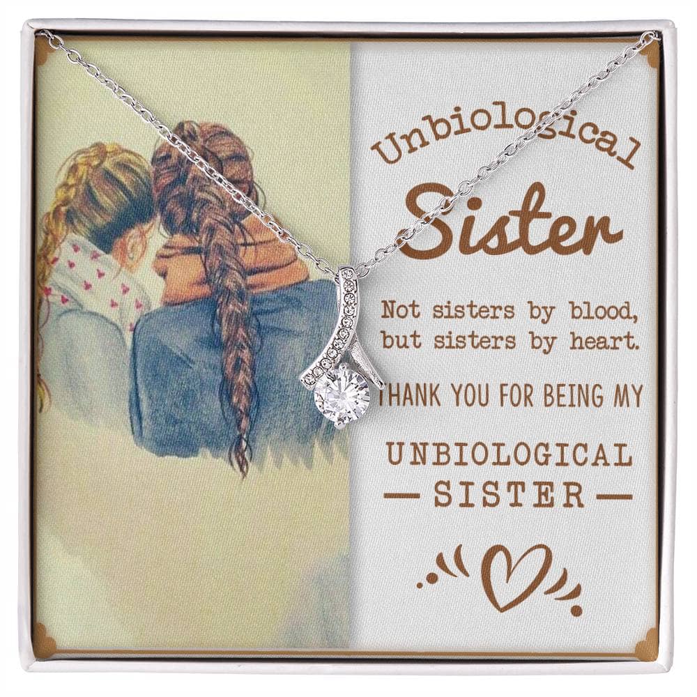 Alt text: "Customized Unbiological Sisters Necklace - Two women hugging, symbolizing an everlasting bond. 14k white gold or 18k gold finish, with a sparkling 7mm cushion-cut cubic zirconia. Adjustable length from 18" to 22". Perfect gift for special occasions. Encased in a soft-touch box."