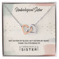Alt text: "Customized Unbiological Sisters Heart-Link Necklace in a box, adorned with cubic zirconia, symbolizing sisterly love and bond."