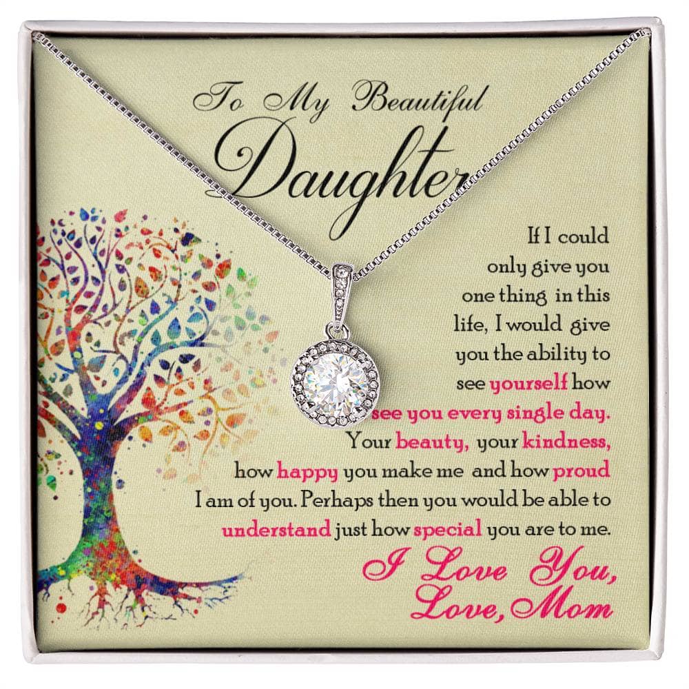 Alt text: "Close-up of an elegant Personalized Daughter Necklace with a heart-shaped diamond pendant on an adjustable chain, presented in a luxurious mahogany-style box."