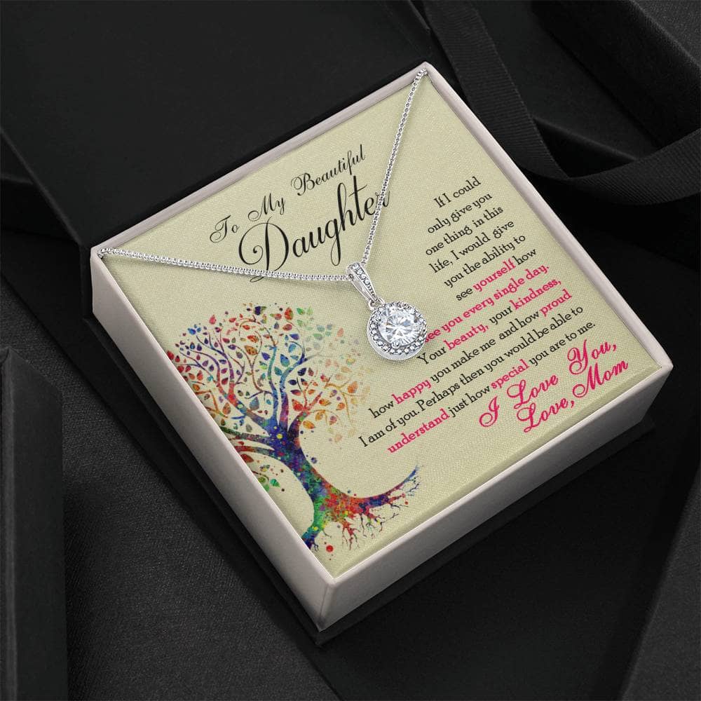 Alt text: "Elegant Personalized Daughter Necklace in a box - a heart-shaped pendant on an adjustable chain, adorned with cubic zirconia. Symbolizes deep-rooted love and bonding. Crafted with high-quality materials. Perfect gift for cherished moments."