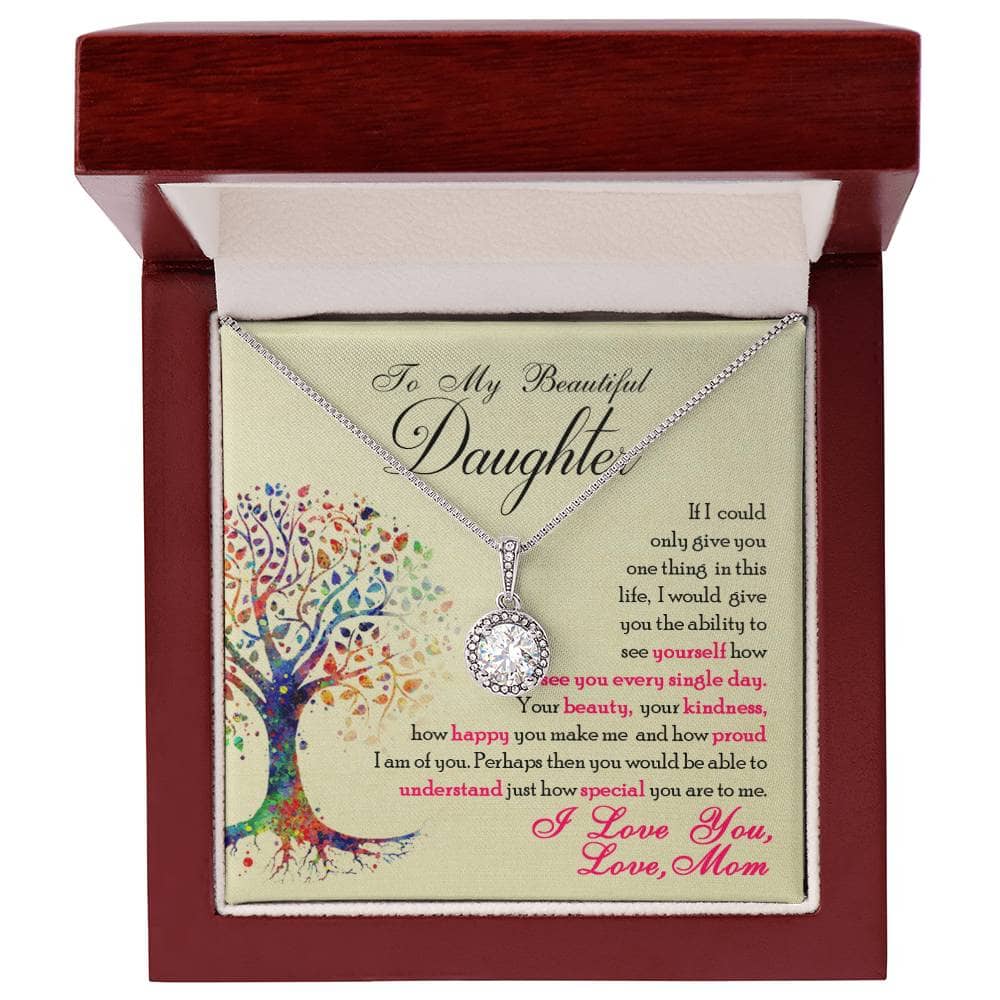 Alt text: "Elegant Personalized Daughter Necklace in a box, featuring a heart-shaped pendant on an adjustable chain. Crafted with 14k white gold finish and a sparkling cubic zirconia centerpiece. Perfect gift for cherished bonds. From Bespoke Necklace."