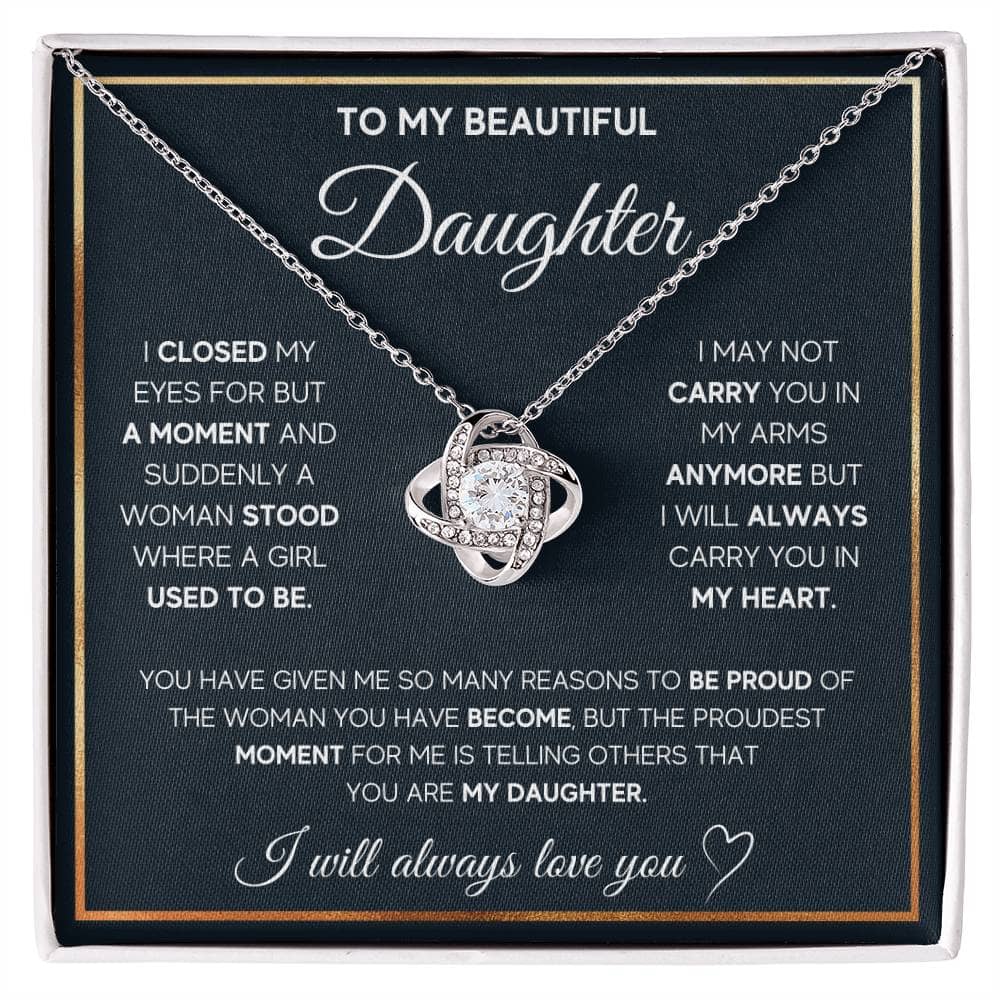 Alt text: "Elegant Personalized Daughter Necklace with Heart Pendant and Cubic Zirconia in Luxurious Mahogany-Inspired Box"